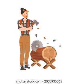 Redhead Bearded Woodman or Lumberman in Checkered Shirt and Sling Pants Chopping with Ax and Sawing Log Vector Illustration