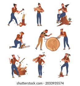 Redhead Bearded Woodman or Lumberman in Checkered Shirt and Sling Pants with Felling Ax Chopping and Sawing Wood Vector Set