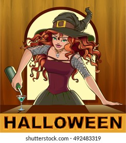 Redhead beautiful pretty witch girl pours cocktails Halloween. Vector cartoon illustration