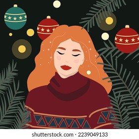 Hermosa mujer pelirroja sobre el fondo de la decoración de Año Nuevo. Antecedentes de árboles de Navidad de bolas y luces de Año Nuevo. Una acogedora ilustración vectorial es adecuada para Año Nuevo y Navidad