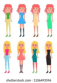 Redhead and blonde girls in modern casual or elegant looks. Young ladies wear dresses, top with pants. Female stylish outfits vector illustrations.