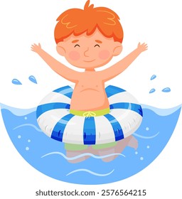 Redhead boy with arms up enjoying summer holidays playing with inflatable ring in a swimming pool, wearing green swimming trunks and having fun in the water