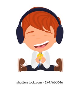 personaje de chico pelirrojo con auriculares sentados. estilo plano vectorial