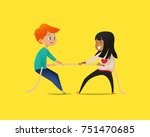 Redhead boy and dark haired girl pulling opposite ends of rope. Tug of war contest between kids of different gender. Concept of sports game or competitive activity for children. Vector illustration