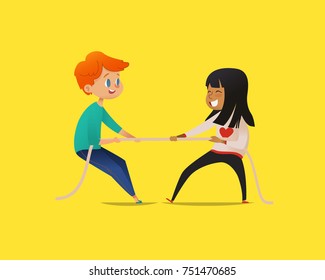 Redhead boy and dark haired girl pulling opposite ends of rope. Tug of war contest between kids of different gender. Concept of sports game or competitive activity for children. Vector illustration