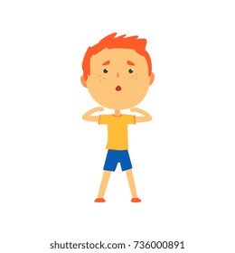 Redhead boy doing sport exercise, kids physical activity cartoon vector Illustration