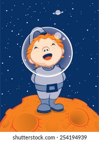 A redhead boy dressed as an astronaut is standing on the moon and looking at the stars and planet saturn.