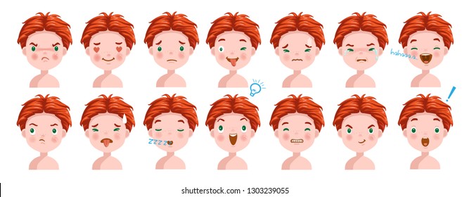 Redhead boy face facial emotions set. Child face with different expressions.  Variety of emotions children. Male heads show a variety of moods and differences. Schoolboy portrait avatars.