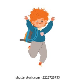 Redhead Boy First Grader with Backpack Cheering and Having Fun Vector Illustration