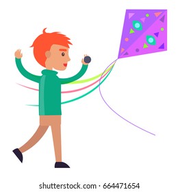 Redhead boy in green sweater and beige trousers runs and plays with colorful kite isolated vector illustration on white background.