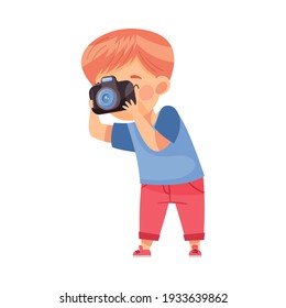 Redhead Boy Holding Camera and Taking Photo Vector Illustration