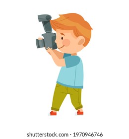Redhead Boy Holding Camera and Taking Photo Vector Illustration
