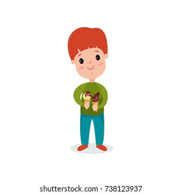 Redhead boy holding two ice creams cartoon vector illustration