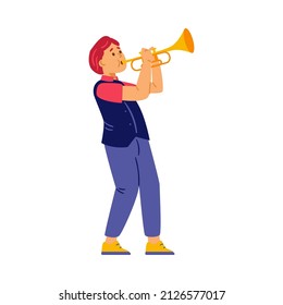 Redhead Boy Playing Trumpet, Isolated On White Background. Young Kid Standing Full Body Learning How To Play Pipe. Children Music Class Cartoon Vector Illustration.