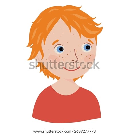 Redhead Boy Portrait Vector Illustration, Ginger Child Face, Freckled Boy Head. Boy profile, Cute, Happy face, Boy's avatar