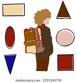 Redhead boy and school bag.Back to school.Hand drawn flat illustration. Geometrical figures.