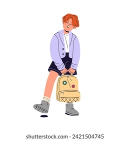 Redhead boy stands, holds backpack in his hands. Cute funny kid with school bag. Happy child, student smiles, rejoices, funs. Elementary education concept. Flat isolated vector illustration on white