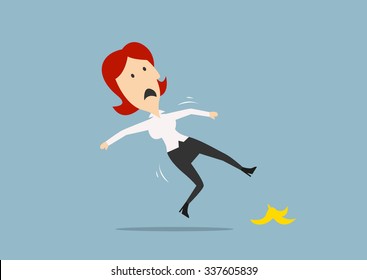 Redhead businesswoman slipped on a banana peel and falling down on the floor. Cartoon flat style