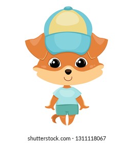 Redhead cartoon dog in a blue cap with a visor, t-shirt and shorts, good character. Color image of a pet. Vector illustration for design, print on t-shirt, bag, notebook, card.