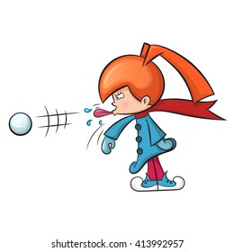 Redhead cartoon girl shows tongue and throws snow.