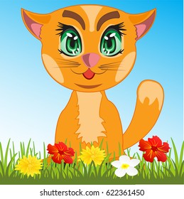 Redhead cat in herb amongst flower.Vector illustration