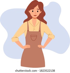 Redhead Caucasian female in apron. Agricultural smiling girl during work in field. Bio, eco food banner. Vector cartoon character isolated illustration. 