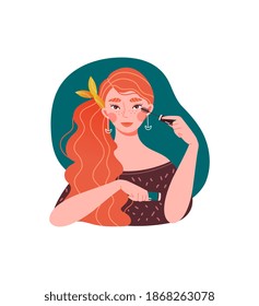 Redhead caucasian girl doing makeup. Concept of beauty industry and face care routine. Beautiful girl is painting eyes with mascara. Flat cartoon vector illustration