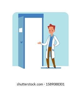 Redhead Caucasian Male Doctor Or Veterinarian In A Hospital Or Veterinary Clinic Stands At The Open Door And Invites You To Go Inside, Isolated Cartoon Flat Vector Illustration.