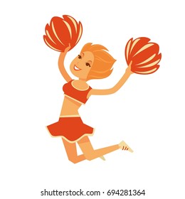 Redhead cheerleader jumps with pompons isolated cartoon illustration