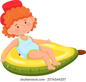 Redhead child wearing a bright swimsuit and cheerful red hat, relaxing on an inflatable avocado shaped ring, enjoying carefree moments during summer vacation by the pool