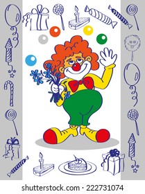 redhead clown with a bunch of flowers and a frame of the items
