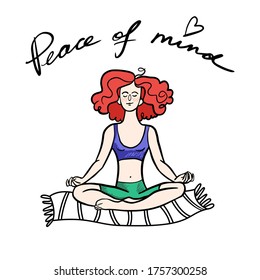 Redhead curly girl with freckles doing yoga, meditating in lotus position. Peace of mind, relax at home, meditation, yoga sitting on the mat. Doodle line art funny vector illustration with lettering.