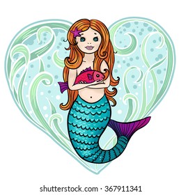 Redhead cute cartoon mermaid with little fish. Heart background made of seaweed. Valentine's day card.