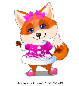 Redhead cute Fox in pink warm Christmas suit coat isolated on a white background. Vector cartoon close-up illustration