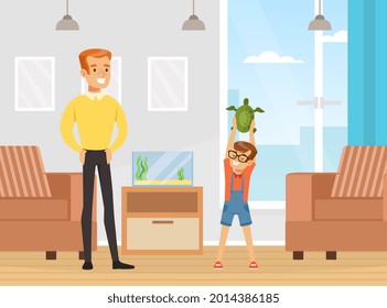 Redhead Dad and His Son Pet Owner Holding Turtle Vector Illustration