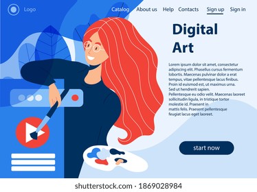 Redhead designer with palette and brush is preparing new digital project. Creative web designer prototyping new webpage, landing page or mobile application. Website template. Flat vector illustration