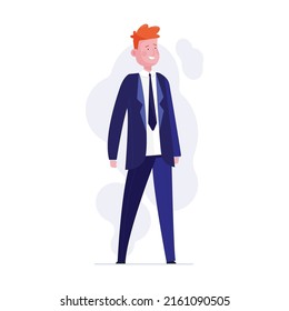 Redhead employee standing confidently. Handsome businessman in suit smiling flat vector illustration. Office staff concept for banner