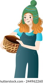 Redhead farmer girl with basket in hands to insert your product. Vector illustration of a girl in a hat and a cam holding a basket in her hands. Insert your natural product into an empty space. sale