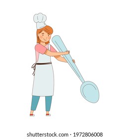 Redhead Female in Apron Holding Huge Spoon Mixing Something Vector Illustration