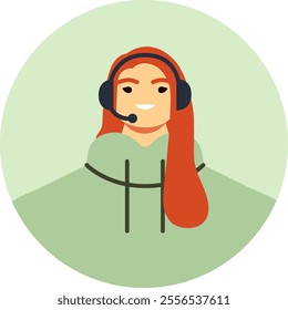 Redhead female call center operator wearing a headset, smiling and assisting customers while providing support, answering inquiries, and ensuring excellent service and satisfaction