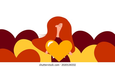 Redhead female cartoon character love letter flat vector on white background. Valentines day present for couples. Female character holding heart warm feeling cover, banner, advertising, marketing