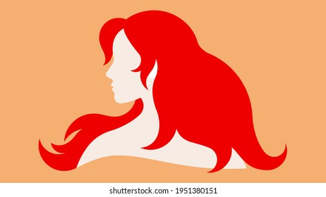 Redhead female silhouette. Young woman, fluttering red hair, white skin, side view face. Vector drawing for postcard, poster, logo, banner.