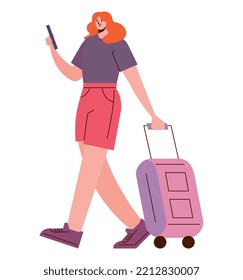 redhead female traveler with suitcase