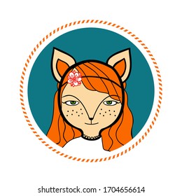 Redhead foxface girl avatar in circle frame. Hand drawn vector icon. Female with ginger hair, fox's nose, ears. graphical illustration of user representation, alter ego, social media character
