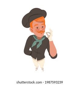 Redhead Freckled Man Chef in Toque Looking Up Watching at Something and Showing Hand Gesture Above View Vector Illustration