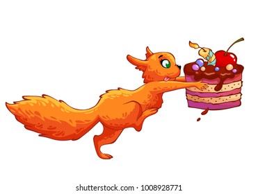 Redhead funny squirrel with delicious chocolate cake without background. Cartoon characters. Vector illustration. Can be used for fashion print design, kids wear, baby shower, celebration greeting