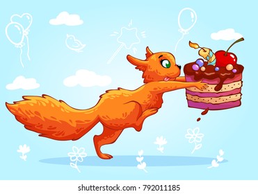 Redhead funny squirrel with delicious chocolate cake on  blue background. Cartoon characters. Vector illustration. Can be used for fashion print design, kids wear, baby shower, celebration greeting an