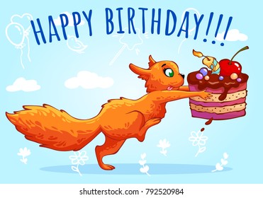 Redhead funny squirrel with delicious chocolate cake on  blue background. Happy birthday. Cartoon characters. Vector illustration. Can be used for fashion print design, kids wear, baby shower