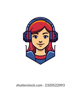 Redhead gamer teen girl portrait in headphones video gaming virtual entertainment outline icon vector flat illustration. Smiling female teenager face in earphones esport technology digital fun logo