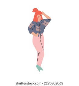 Redhead girl in 80s fashionable street style outfit. Stylish girl in trendy clothing and hairstyle of 80s cartoon vector illustration